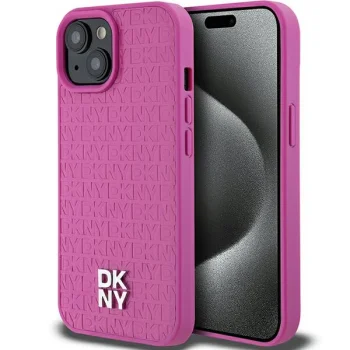 DKNY Leather Pattern Metal Logo MagSafe Case for iPhone 15 / 14 / 13, Pink
