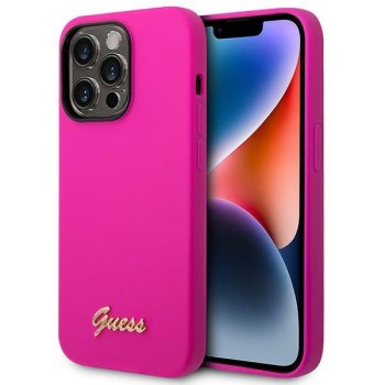 Guess Silicone Vintage Gold Logo Case for iPhone 14 Pro Max, Fuchsia