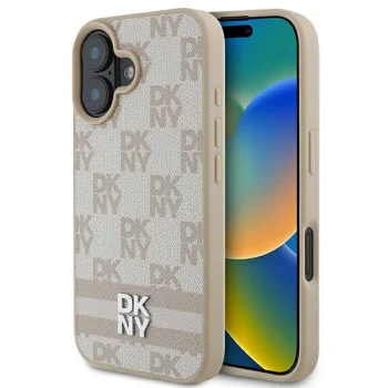 DKNY iPhone 16 Case Checkered Mono Pattern & Printed Stripes, Pink