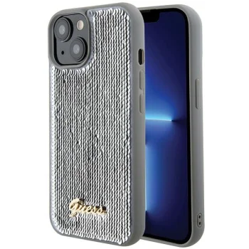 Guess iPhone 15 Case Sequin Script Metal, Silver