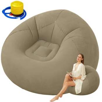 Inflatable Velour Pouf Chair with Pump, Brown