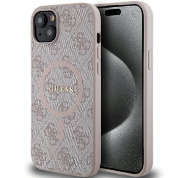 Apple iPhone 15 Plus 6.7'' Guess 4G Collection Leather Metal Logo MagSafe Case Cover, Pink