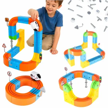 Magnetic Construction Set and Race Track, 65 Pieces