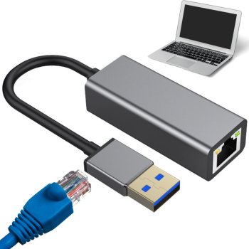 USB A to Ethernet LAN Network Adapter, RJ45 100 Mbps, Grey