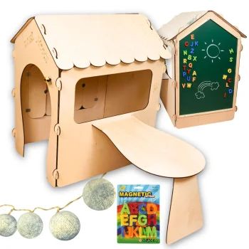Wooden Garden Playhouse for Kids with Chalkboard and Table, 86 x 137 x 105 cm