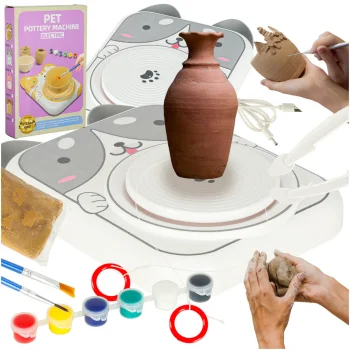 Kids Pottery Wheel Creative Set with Clay and Paints, Dog Motif, Grey