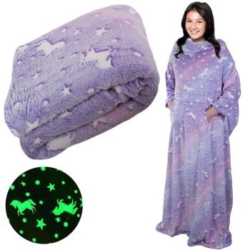 Wearable Blanket Hoodie, Oversized Cozy Fleece Blanket with Sleeves, Glow in The Dark, Purple