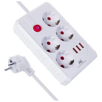 Maclean MCE392 W Power Strip, 4 Outlets, 3x USB, 2500W, 1.5m, White