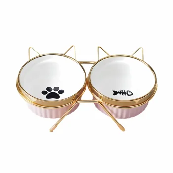 Ceramic Pet Bowl Set on Stand for Cats and Dogs 2x300ml Pink/Gold