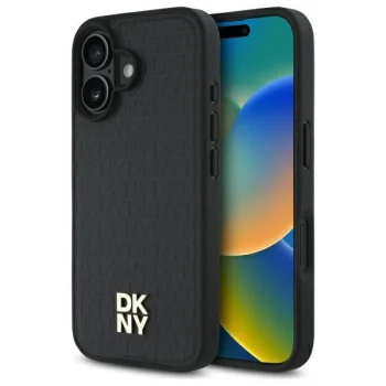 DKNY iPhone 16 Case Repeat Pattern Stack Logo MagSafe, Black