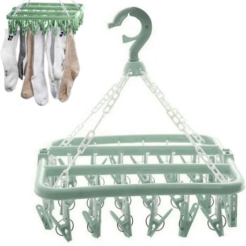 Hanging Drying Rack with 32 Clips for Socks, Underwear, and Small Items, Green