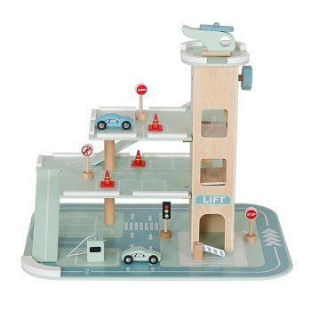 Wooden Parking Garage for Kids with Elevator Multi-Level Car Toy Playset