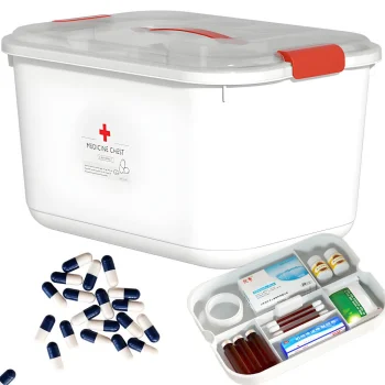 Medicine Storage Box First Aid Kit Organizer with Removable Tray, White and Red