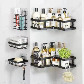 Set of 5 Hanging Bathroom Shelves (3 Baskets, 2 Corner Shelves), Black