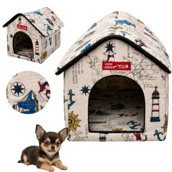 Pet House Bed for Dogs and Cats with Removable Mat, Marine Pattern