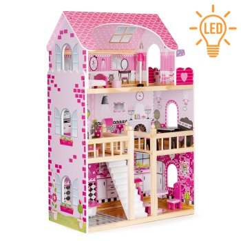 ECOTOYS Wooden Dollhouse with 17 Furniture Pieces and LED Lights