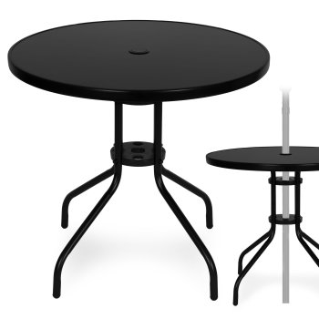 Round Patio Table 80 cm with Tempered Glass Top and Umbrella Hole MultiGarden, Black