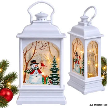 Christmas LED Lantern Decoration with Snowman and Handle, 14 x 7 x 4 cm, White