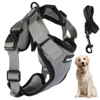 Dog Harness with Leash, Reflective, Size XL, Grey