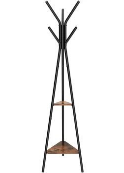Leobert Freestanding Coat Rack with 2 Shelves, Black/Brown