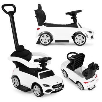 Mercedes C-Class 3-in-1 Ride-On Push Car with Interactive Steering Wheel, White