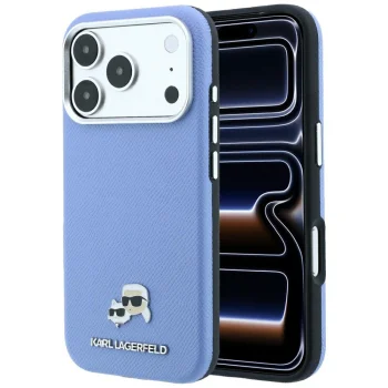 Karl Lagerfeld dėklas iPhone 18 Pro / 17 Pro Grained Heads Metal MagSafe, mėlynas