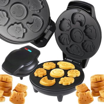 Electric Waffle and Cookie Maker with Fun Shape Molds, 1200W, Black