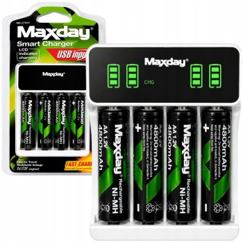 Maxday AA/AAA Battery Charger with LCD Display + 4 AA Batteries, White