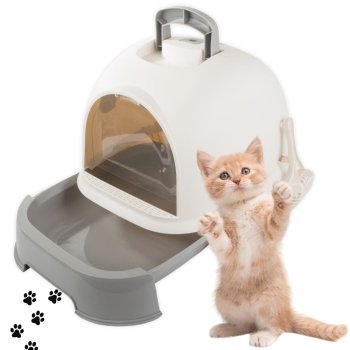 Slēgta kaķu tualete ar izbīdāmu tvertni un lāpstiņu