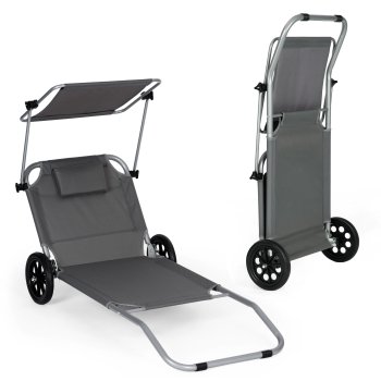 MultiGarden Folding Beach Lounger on Wheels with Canopy, Grey
