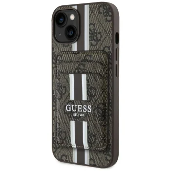 Guess dėklas iPhone 15 su MagSafe pinigine 4G Stripes, rudas