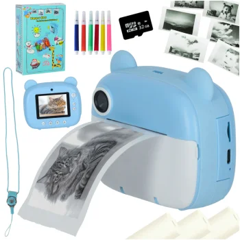 Kids' Instant Print Camera with Thermal Printer, Bear Design, 32GB Card, Blue