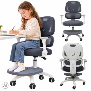 Kids Ergonomic Desk Chair with Footrest, Adjustable Swivel Chair, Grey