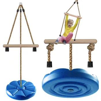 Kids Garden Swing with Round Seat and Wooden Bar, 190 cm, Blue