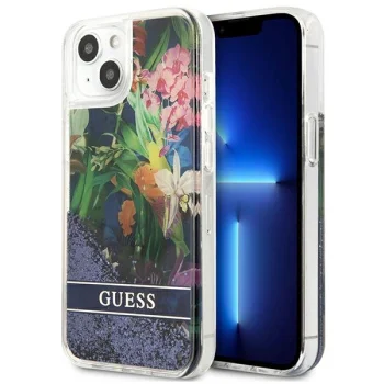 Guess Flower Liquid Glitter Case for iPhone 13 mini, Blue