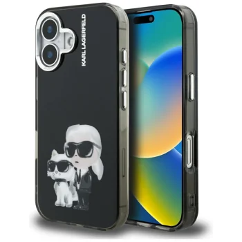 Karl Lagerfeld IML Aquarelle Karl & Choupette & Logo iPhone 16 dėklas, juodas