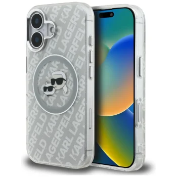 Karl Lagerfeld IML Glitter Karl & Choupette Heads MagSafe dėklas iPhone 16, pilkas