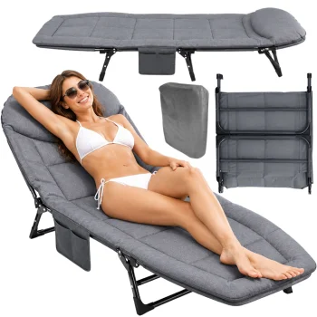 Folding Camping Bed with Mattress and Adjustable Backrest, 190x65 cm, Grey