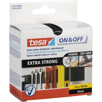 Tesa On & Off Extra Strong Hook & Loop Tape 1 m x 50 mm, Black (55229)