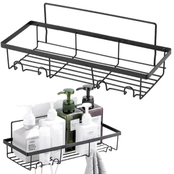 Loft Style Bathroom Shower Shelf with 4 Hooks, Black