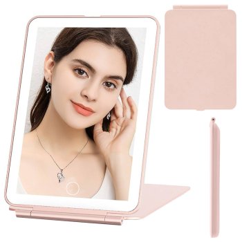 Folding LED Makeup Mirror with Adjustable Light, Rechargeable, Pink