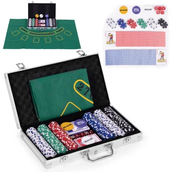 ModernHome Poker & Blackjack Set – 300 Chips, 2 Decks, Dice, Felt Mat, Locking Case