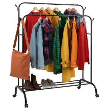 Ruhhy 27084 Double Garment Rack on Wheels with Shelf and Hooks, Black