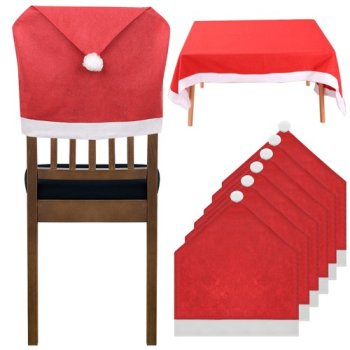 Christmas Chair Covers Set of 6 with Tablecloth, Santa Hat Design