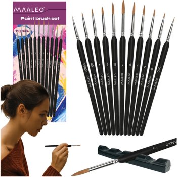 Maaleo Detail Paint Brush Set with Stand, 11 pcs, 26118, Black
