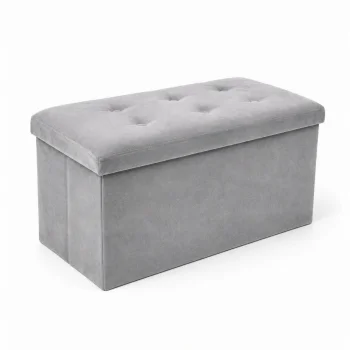 Foldable Velour Pouf with Storage Box, Light Grey