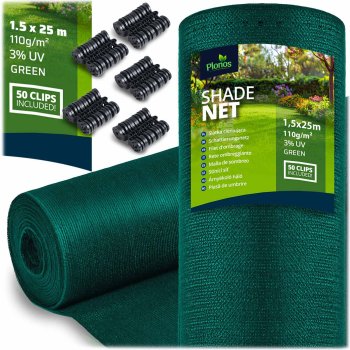 Plonos Shading Net 1.5x25m 110 g/m² Privacy Screen + 50 Clips, Green
