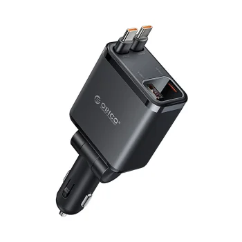 Orico Twin Reach 45W USB-A + USB-C Car Charger with Two Retractable USB-C Cables, Black