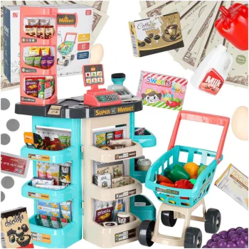Kids Toy Supermarket Shop Cash Register + Grocery Basket Trolley