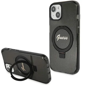 Guess Ring Stand Script Glitter MagSafe case for iPhone 15 - black
